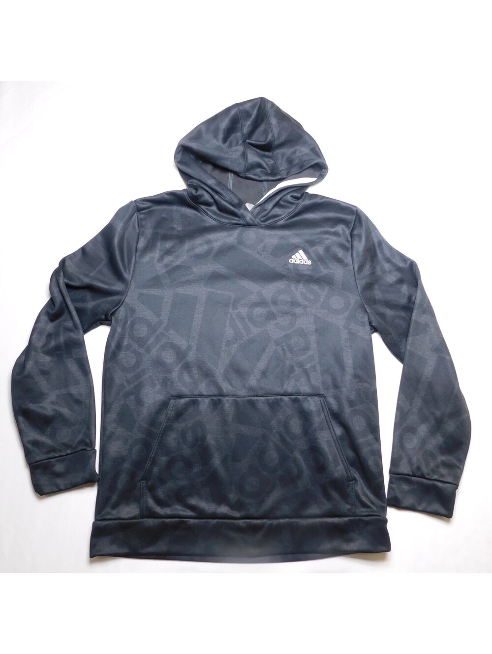 Adidas Hoodie Youth XL 18/20 Black Gray All Over Logo Fleece Sweatshirt Pullover